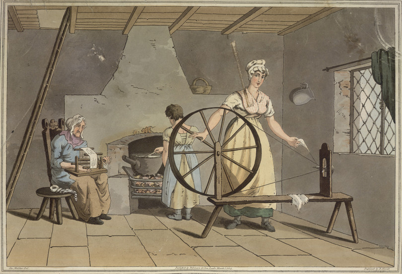 This engraving shows three generations of women in an early 1800s British home. The woman on the right is spinning wool using a spinning wheel. Source: Plate 29 of George Walker. 1814. The Costume of Yorkshire, British Library.