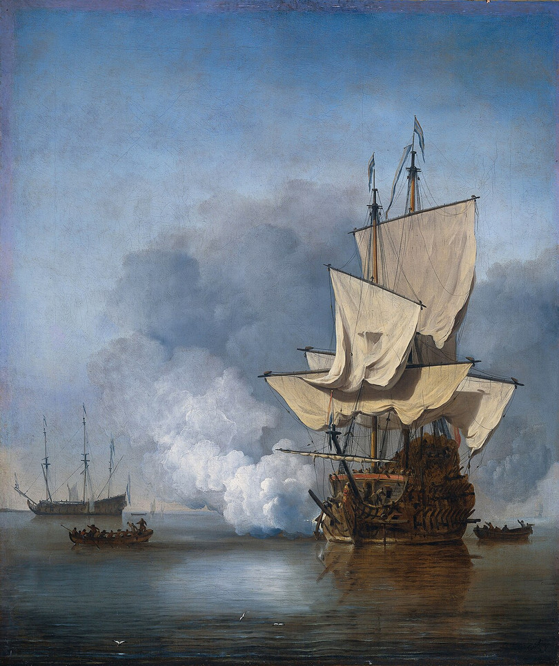 A Dutch man-of-war (similar to a British one) firing its cannons.