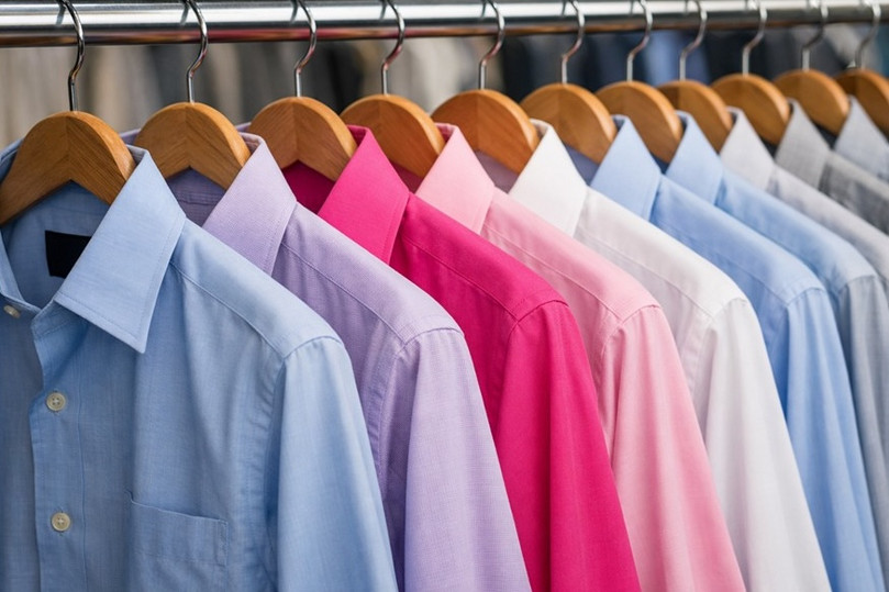 A rack of colorful shirts.