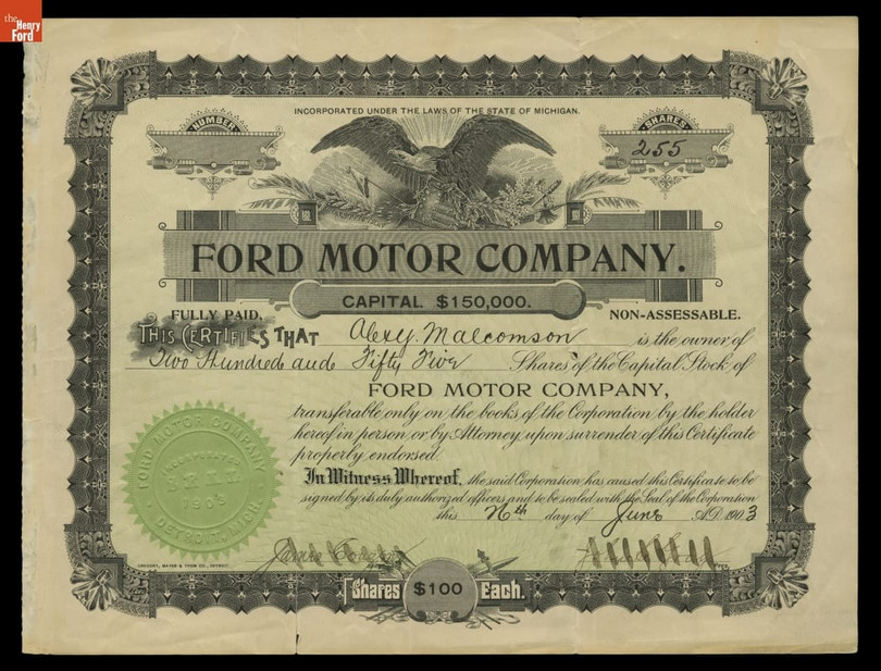 One of the first shares of the Ford Motor Company, issued in 1903 to Alexander Malcomson, a wealthy Detroit coal merchant.