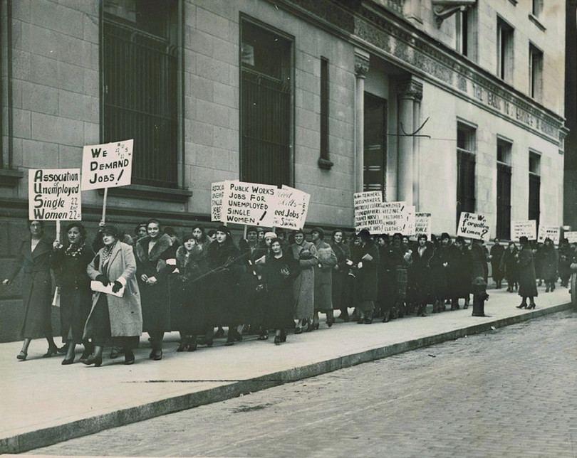 Women march for jobs in New York, 1933. At various points throughout US history, workers have agitated for policies to ensure that anyone who wants a job can get one.