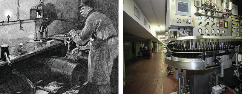 Filling beer barrels in an American brewery, 1885 (left); beer bottling machine in a modern brewery (right).