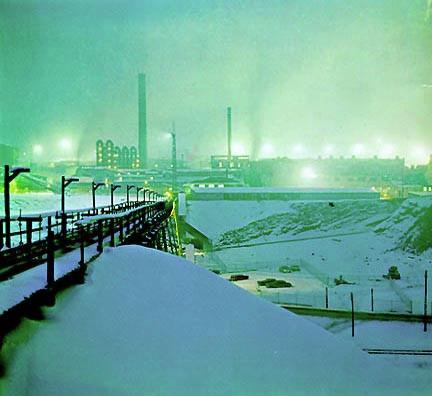 Bunker Hill smelter operating in winter snow, 1970s.
